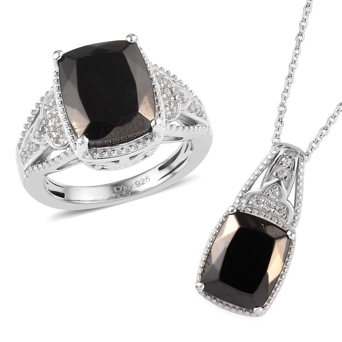 925 Sterling Silver Platinum Plated Healing Pain Relief Meditation Anxiety Black Shungite Zircon Promise Ring Pendant Necklace Set Jewelry for Women Size 9 20" Ct 4.8