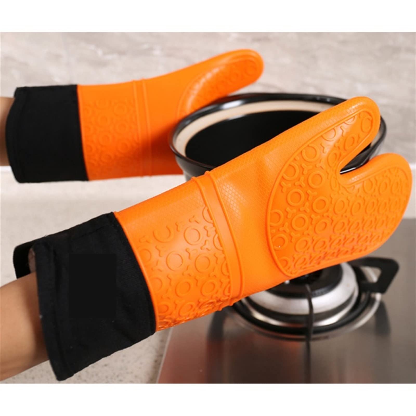 Gants en Silicone résistants à la Chaleur, Longs Gants en Coton for Micro-Ondes, Four, Cuisine, pâtisserie, Barbecue(Orange)