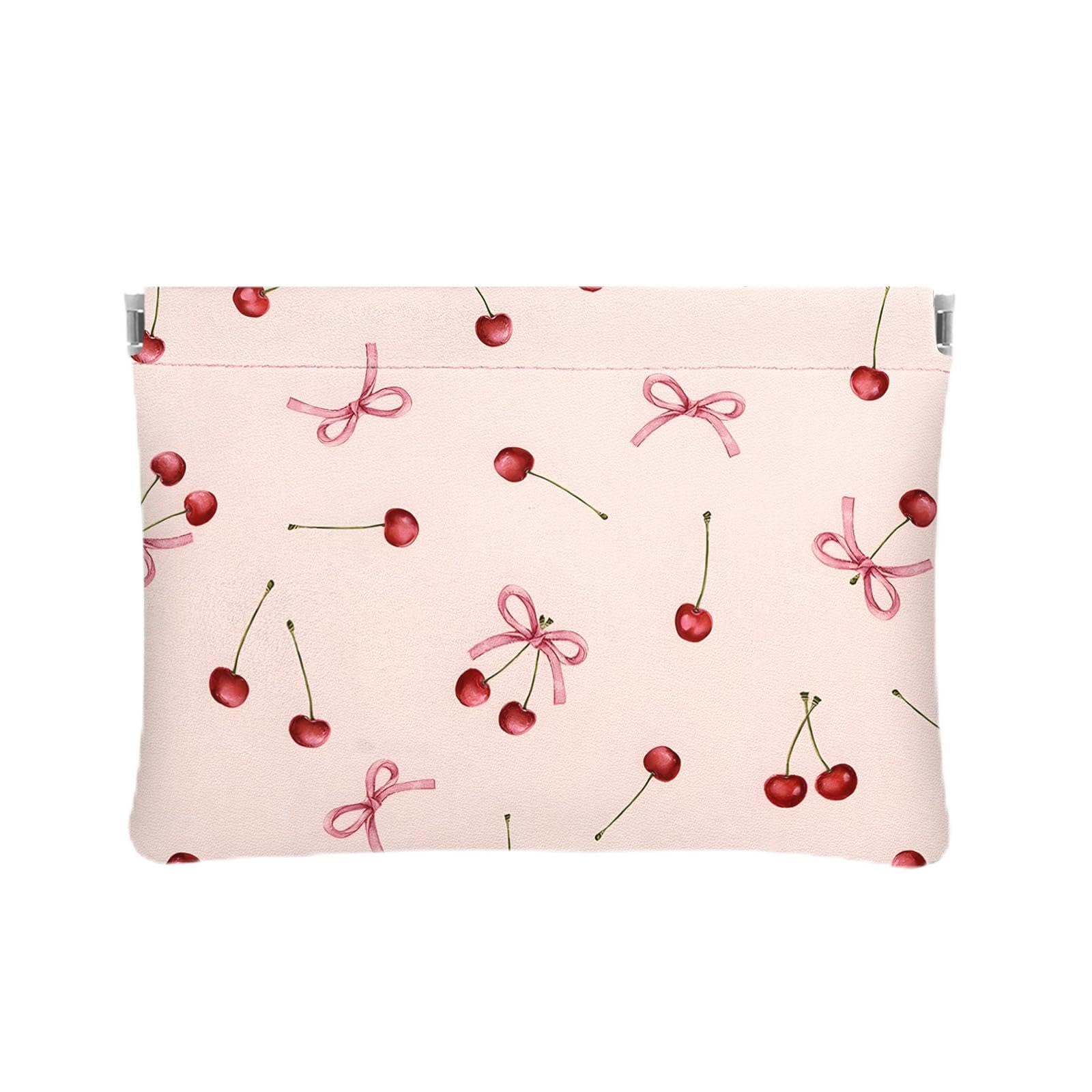 – Cute Pink Small Makeup Bag for Handbag,Waterproof No-Zipper Self Closing Pouches for Purse,7.9x5.9in PU Leather Travel Commute Makeup Pouch for Cosmetics Jewelry Earbuds,Bow Cherry