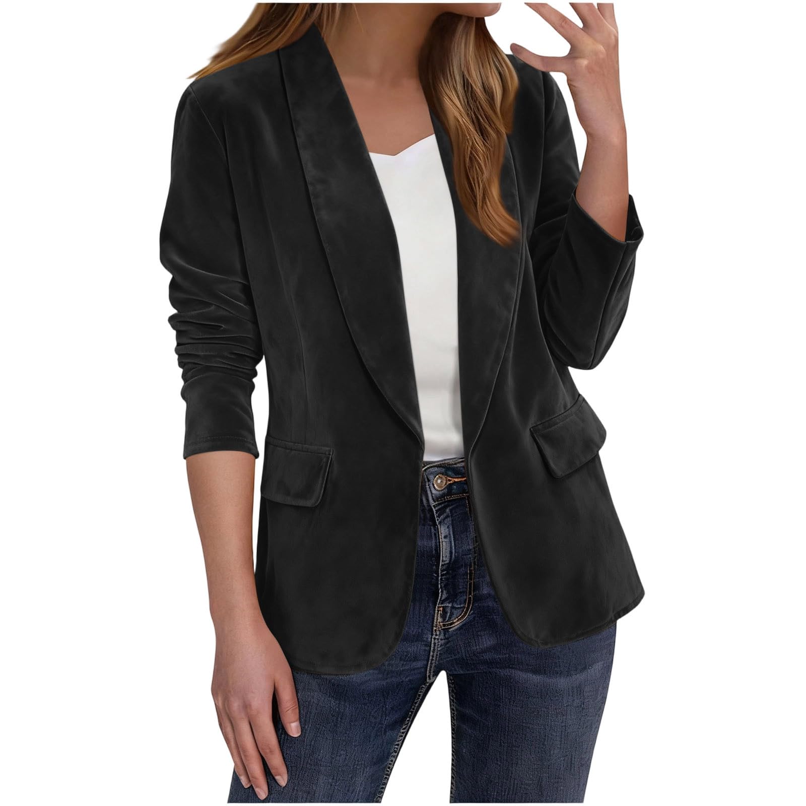 Womens Velvet Blazer Jackets Long Sleeve Shawl Collar Blazer Suits Vintage Office Work Outfits Open Front Cardigan