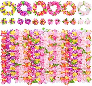 VGOODALL Leis Luau kolorowe hawajskie łańcuszki z kwiatami, 48 szt., z łańcuszkami, opaski na czoło, bransoletki na imprezę hawajską, plażę, akcesoria