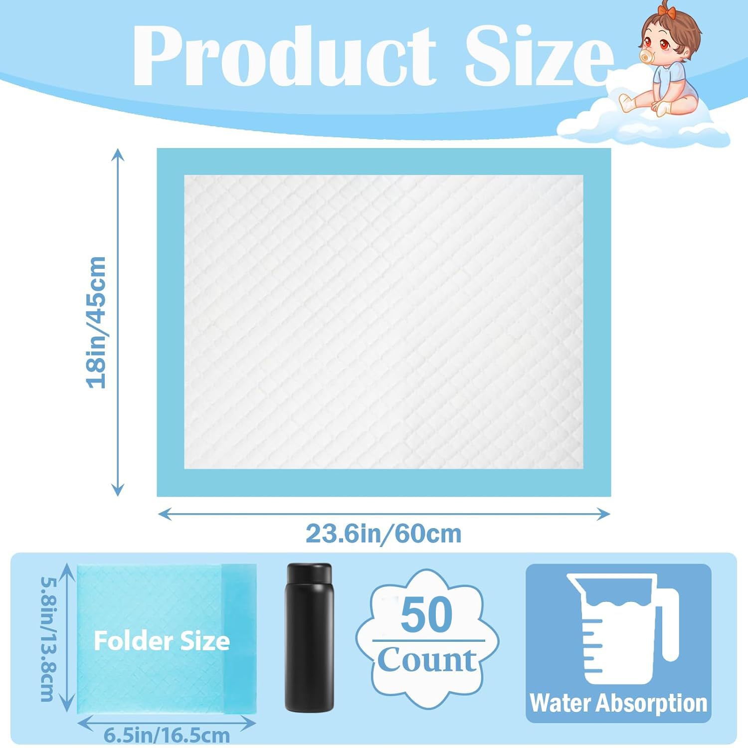 50 Stück Wickelunterlage Einweg, 45 x 60 cm Baby Wickelauflage für Unterwegs, Baby Changing Mat, Inkontinenzunterlage Wickelunterlage Einweg, Weich, saugfähig und wasserdicht