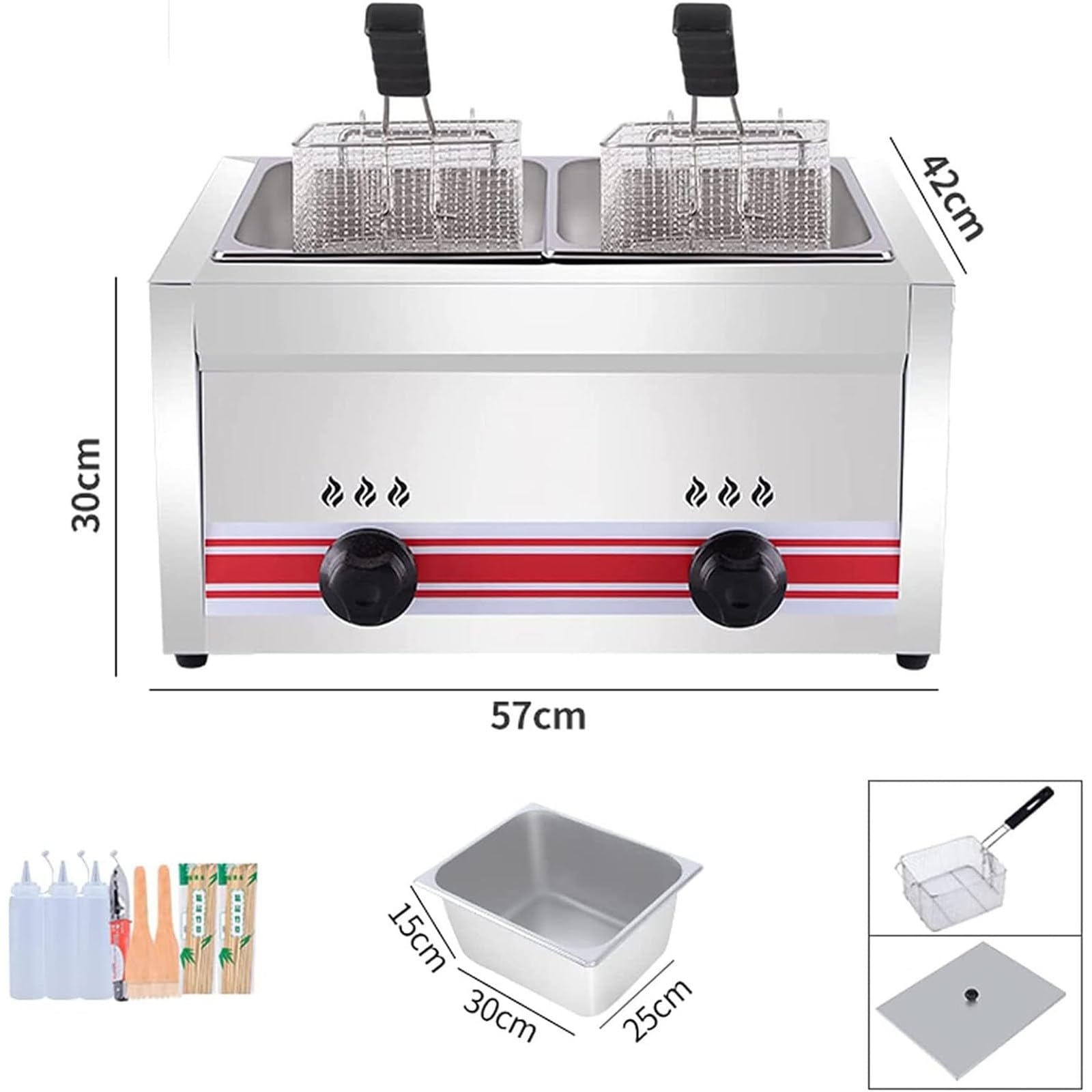 Friggitrice A Gas Grande capacità 10l/20l/30l,Friggitrice in Acciaio Inossidabile,Friggitrice Multifunzione,con Cestini & Coperchio,per Cucina Domestica Commerciale,Doublecylinder10l+10l