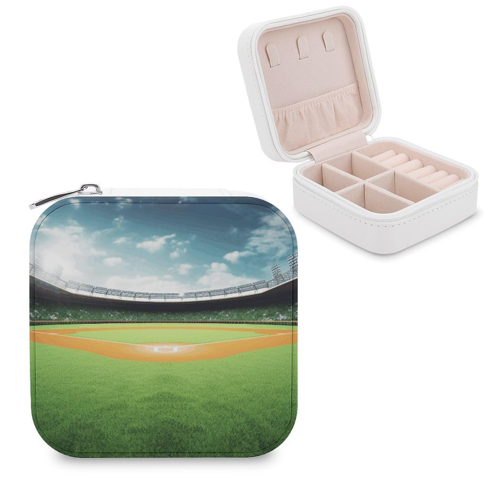 JTREHY Travel Green Baseball Field Backdrop Jewelry Case Portable Display Storage Box PU Leather Mini Jewelry Travel Case Personalized Travel Jewelry Organizer Small Jewelry Box for Women