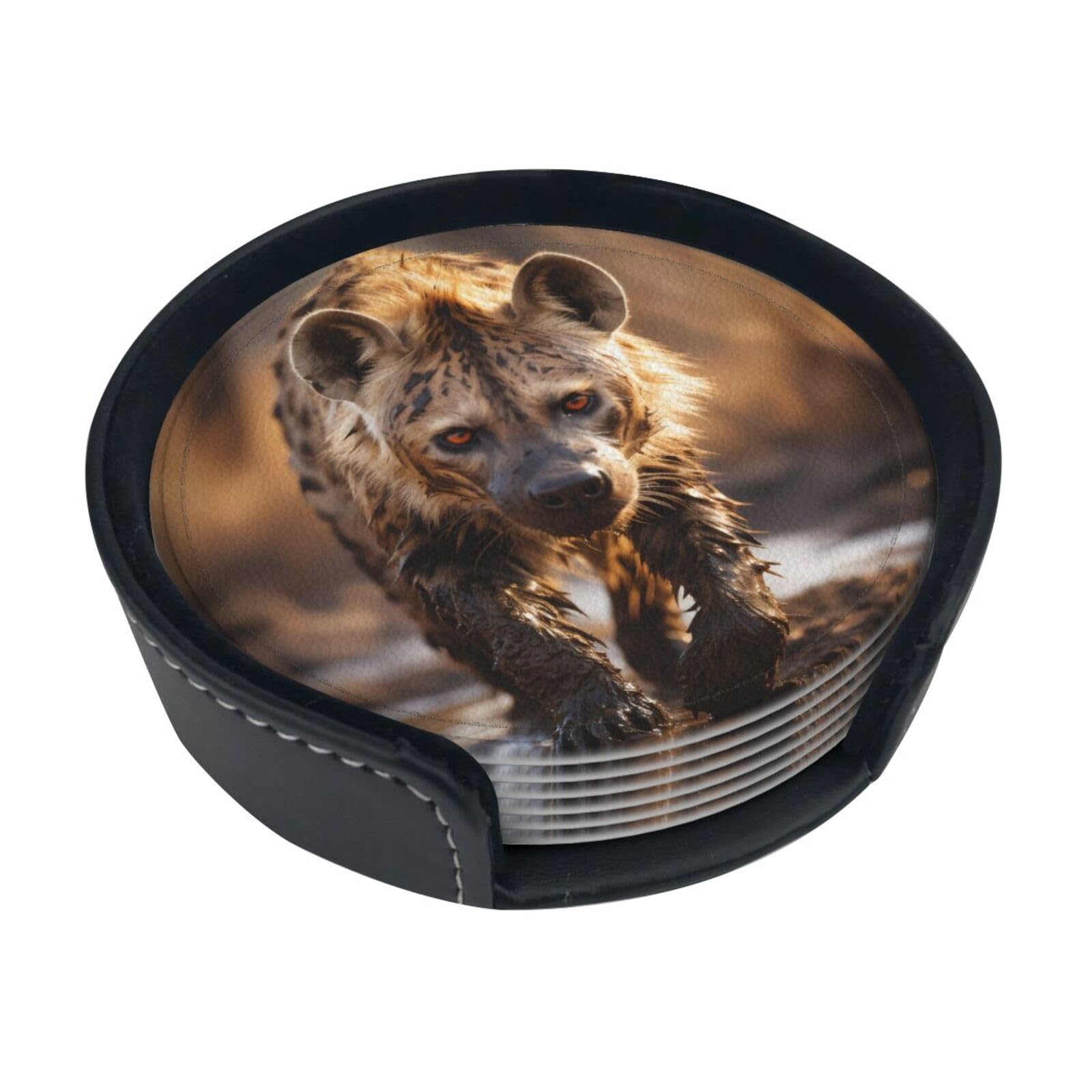 Cntdbu White Lone Hyena Leather Coasters Set Of 6-Pu Leather Drink Mats For Table, Heat Resistant Round Coasters With Holder
