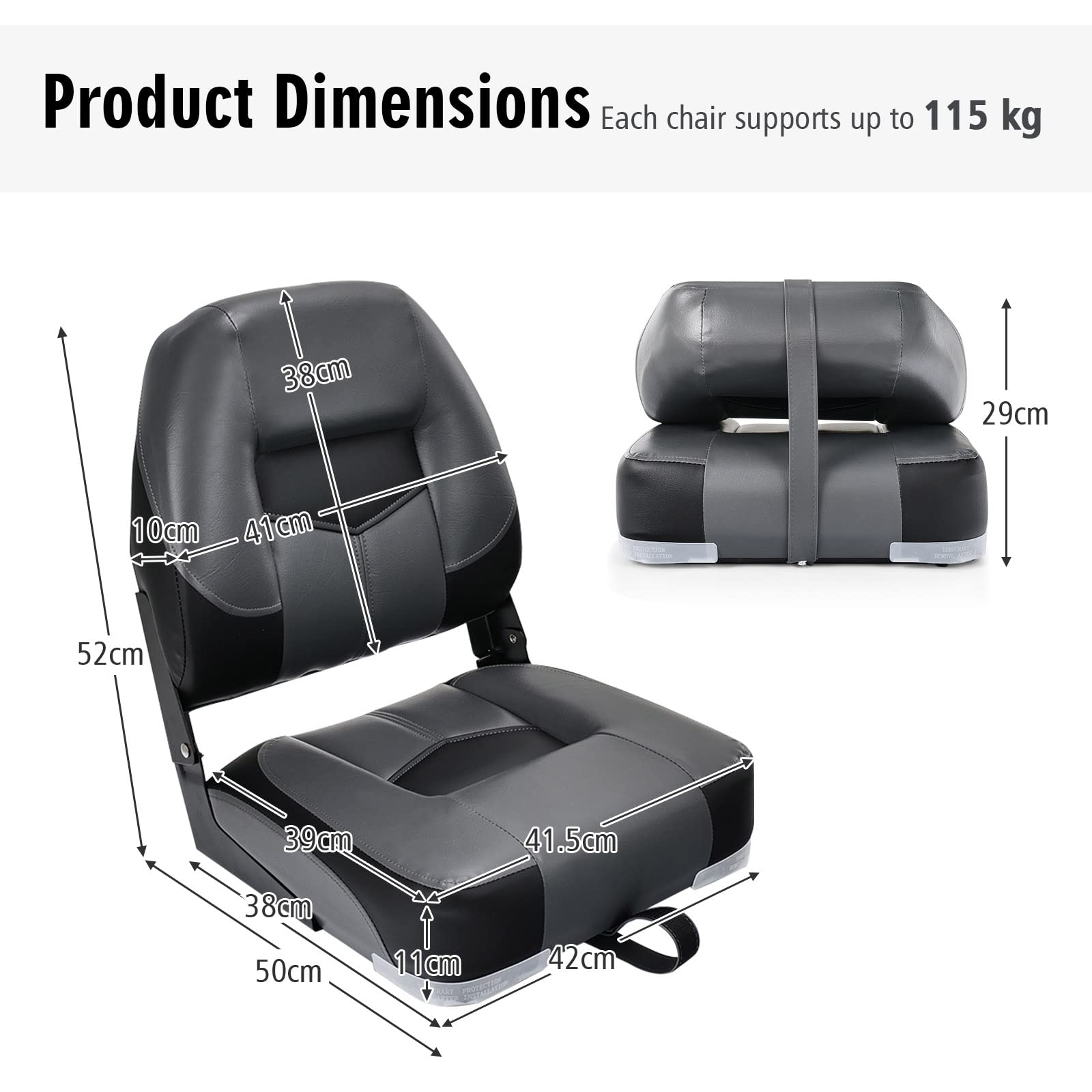 HOMASIS Lot de 2 Sièges de Bateaus Pliants Ergonomiques, Siège de Pêche Pliable avec Sangles et Vis de Fixation, Chaise de Bateau avec Cousssin pour Voilier Bateau de Pêche Yacht 42 x 50 x 52 (noir)