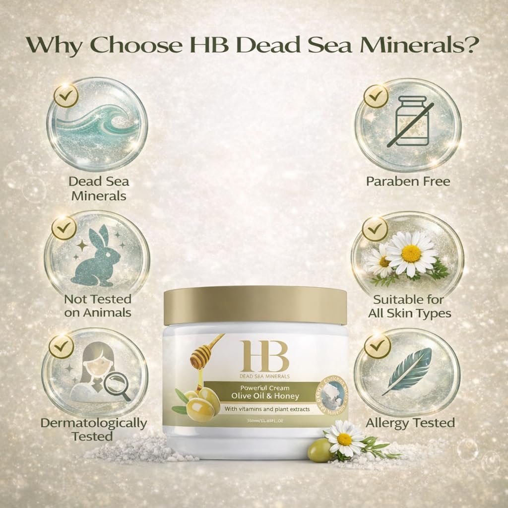 HB Dead Sea Minerals Olive Oil & Honey Body Cream – Deep Moisturizing Body Lotion for Dry Skin – Nourishing Hydrating Cream with Natural Minerals – Soft Smooth Skin Care for Women – 250 ml / 8.4 fl oz