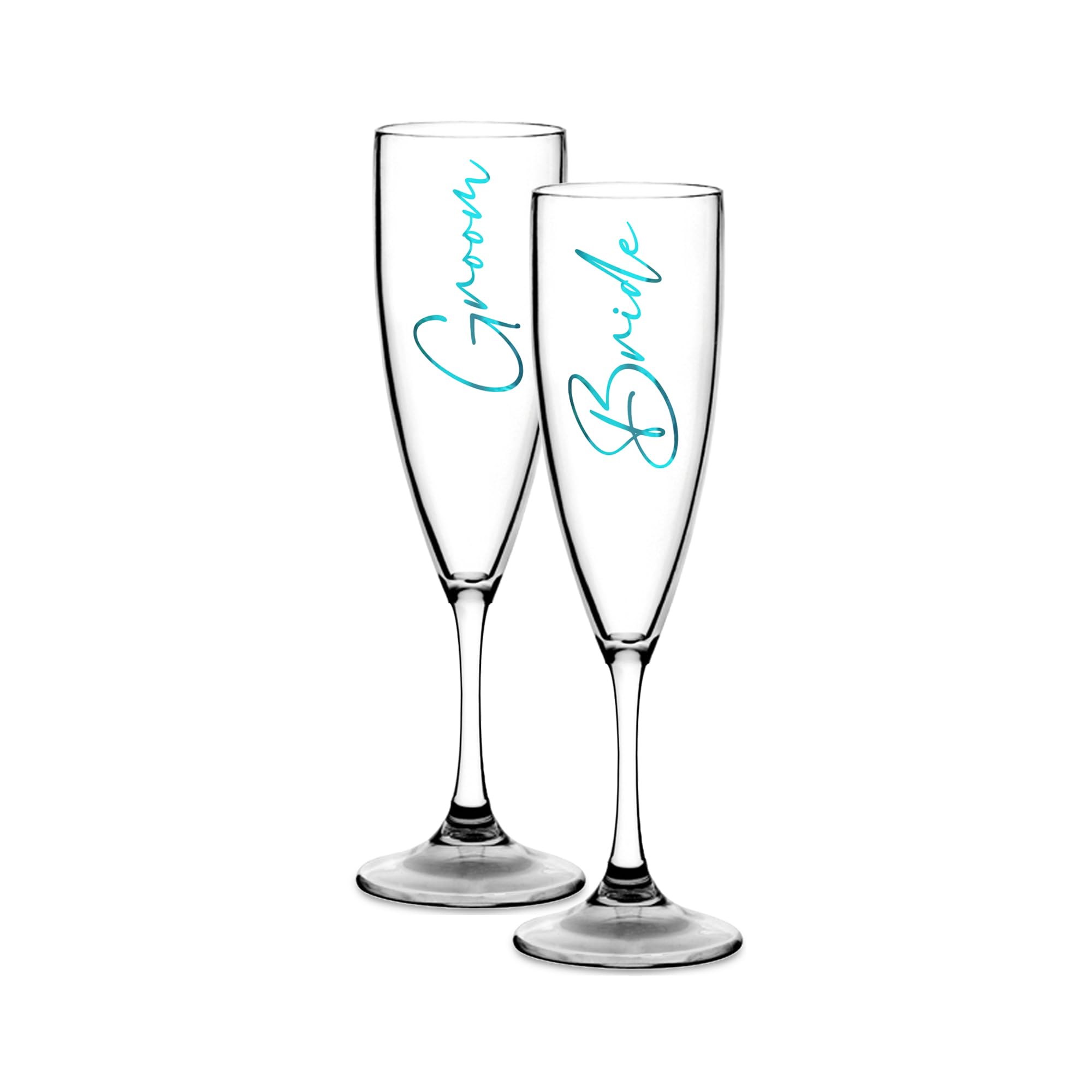 Print Maniacs Champagne Premium Clear Flute Glass Bride Groom Mr Mrs Wedding Maid Honour Wine Cocktail Prosecco Celebrations Gift (Teal, Bride + Groom Set)