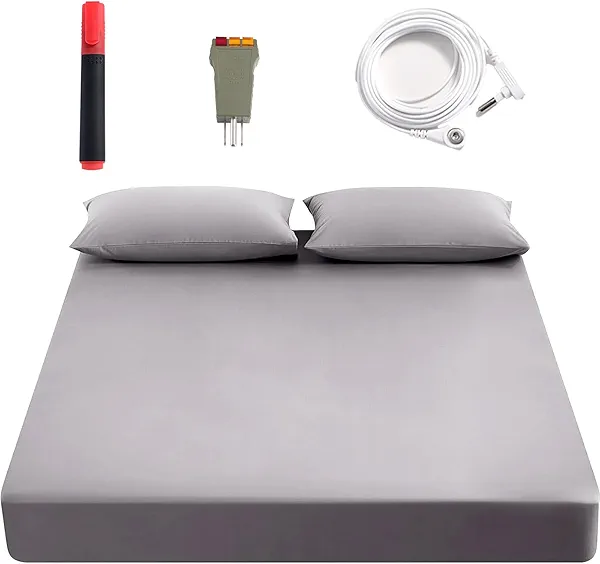 grounding Sheets King 90% Organic Cotton+10% Pure Silver Fiber, Grounding Fitted Sheets with Grounding Cord,Pain Reliefand Helps Sleep- Earth Connected Bedding(Gray, King)