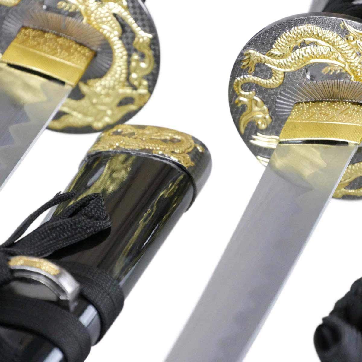 Katana Wakizashi Tanto Black Dragon Samuraischwert Set | Dekorationsschwerter mit stumpfer Klinge - mit Schwertständer und Zubehör