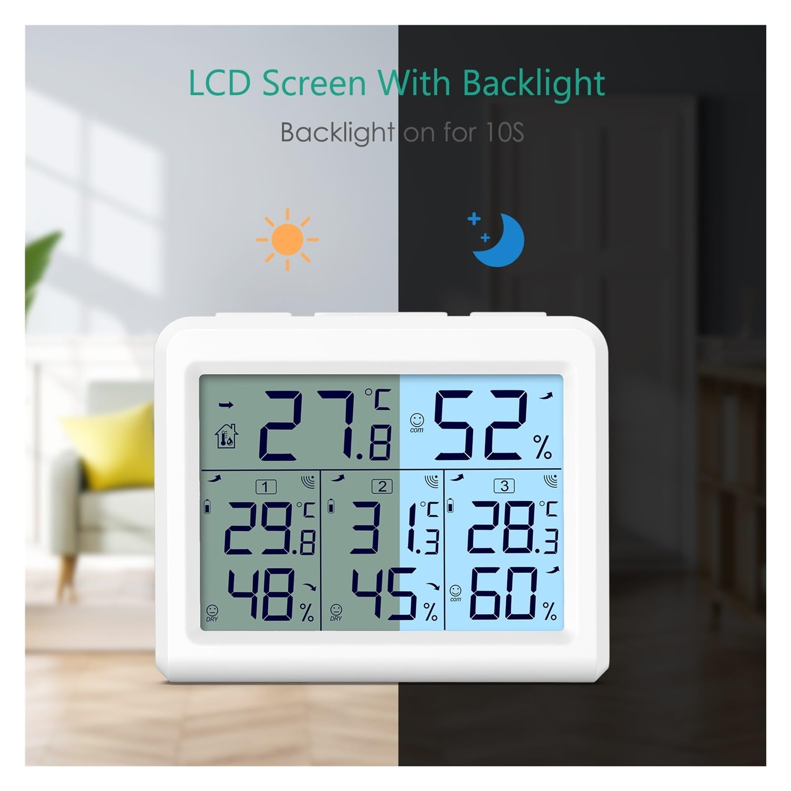 Termómetro Higrómetro Digital For Interiores Y Exteriores, Monitor Inalámbrico De Temperatura Humedad Con 3 Sensores Preciso Y FáCil De Leer