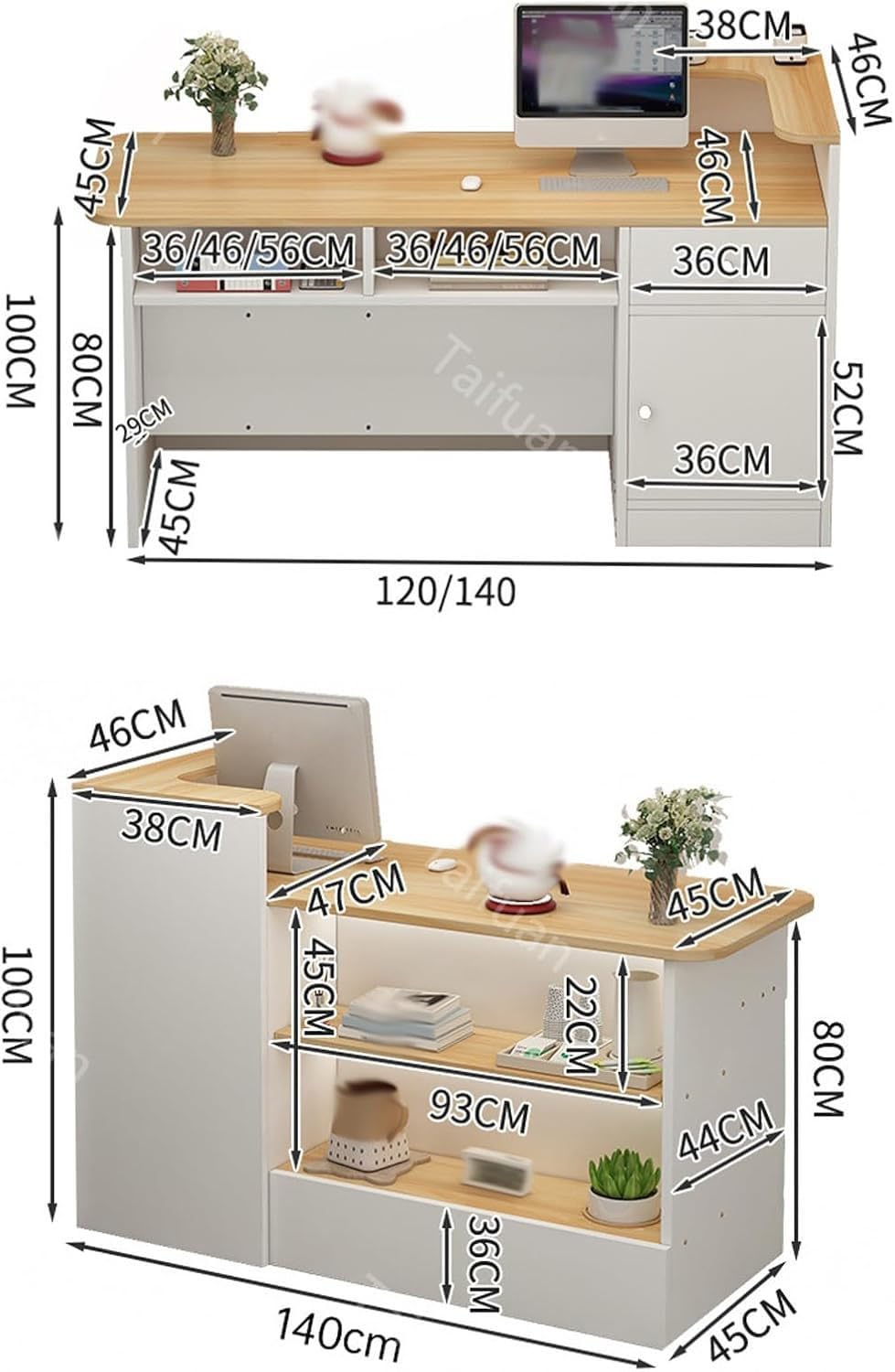 Empfangstresen l Form mit Schreibtisch, 140x100x45cm, Gris/Derecho