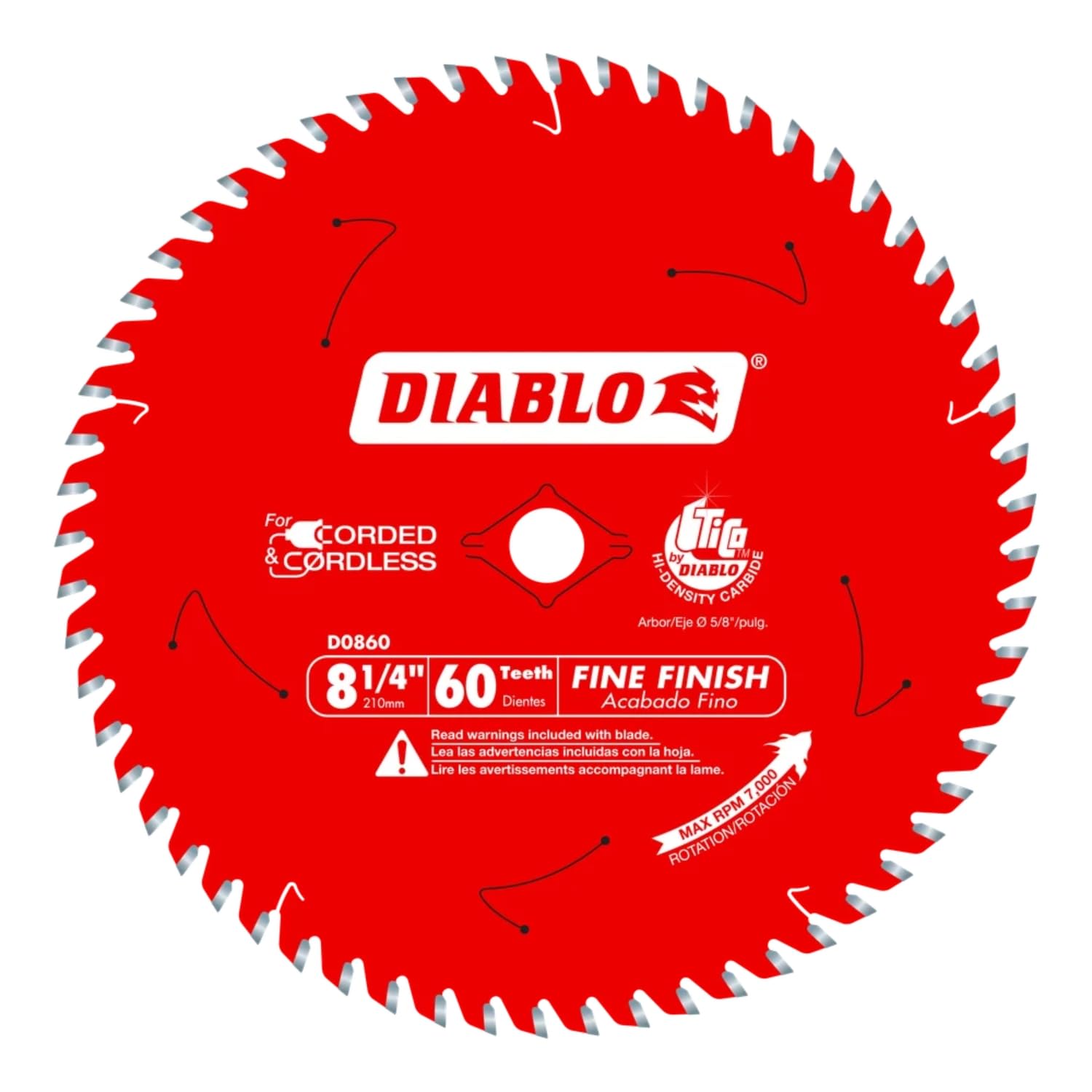Fine Finish Saw Blade with Tico Hi-Density Carbide and Perma-Shield - Ideal for Wood, Plywood and Melamine - 8-1/4 in Diameter, 60 ATB Teeth - D0860X