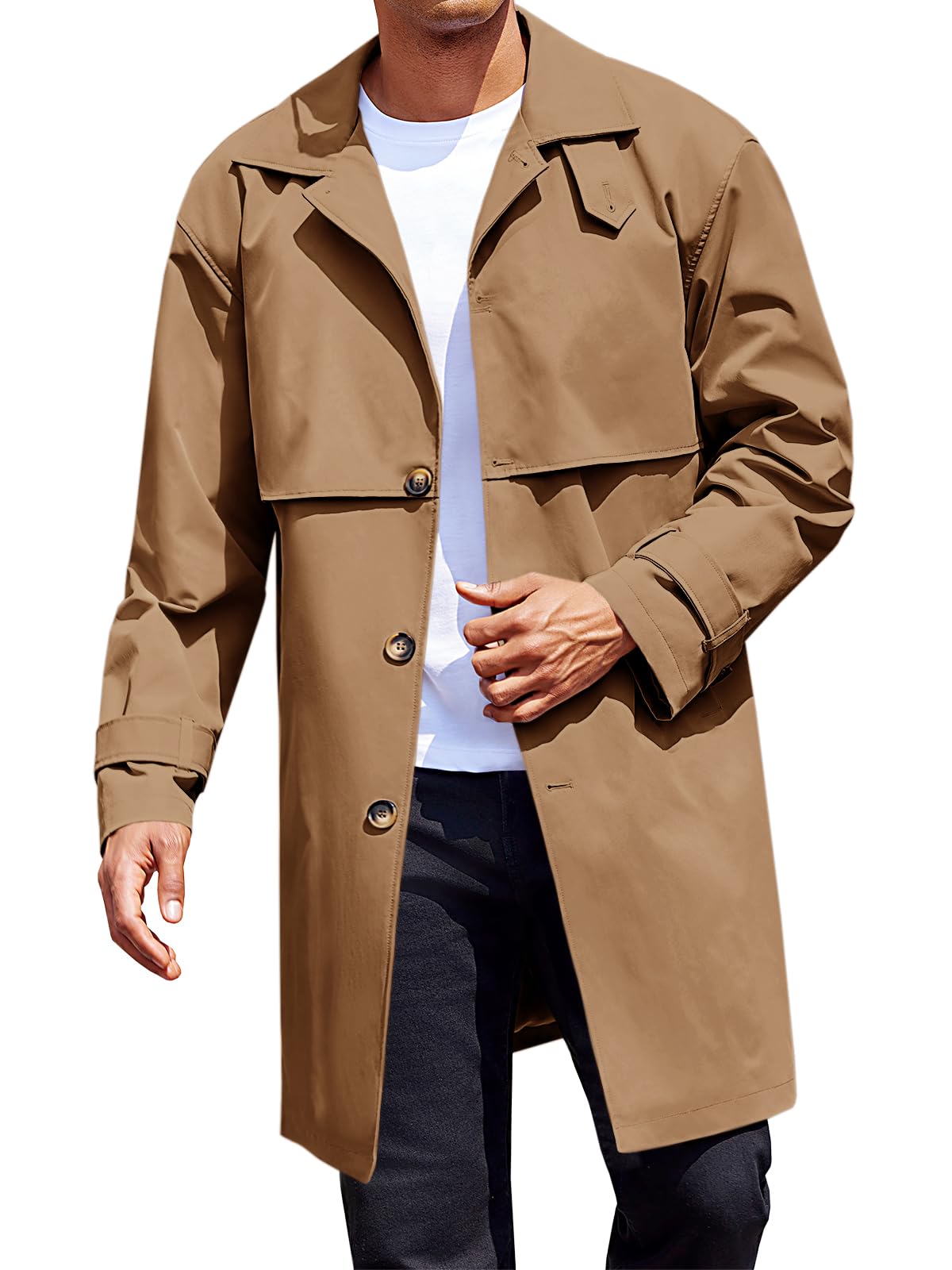 Runcati Mens Trench Coat Single Breasted Slim Fit Mid Long Jackets Casual Fall Windbreaker Overcoat