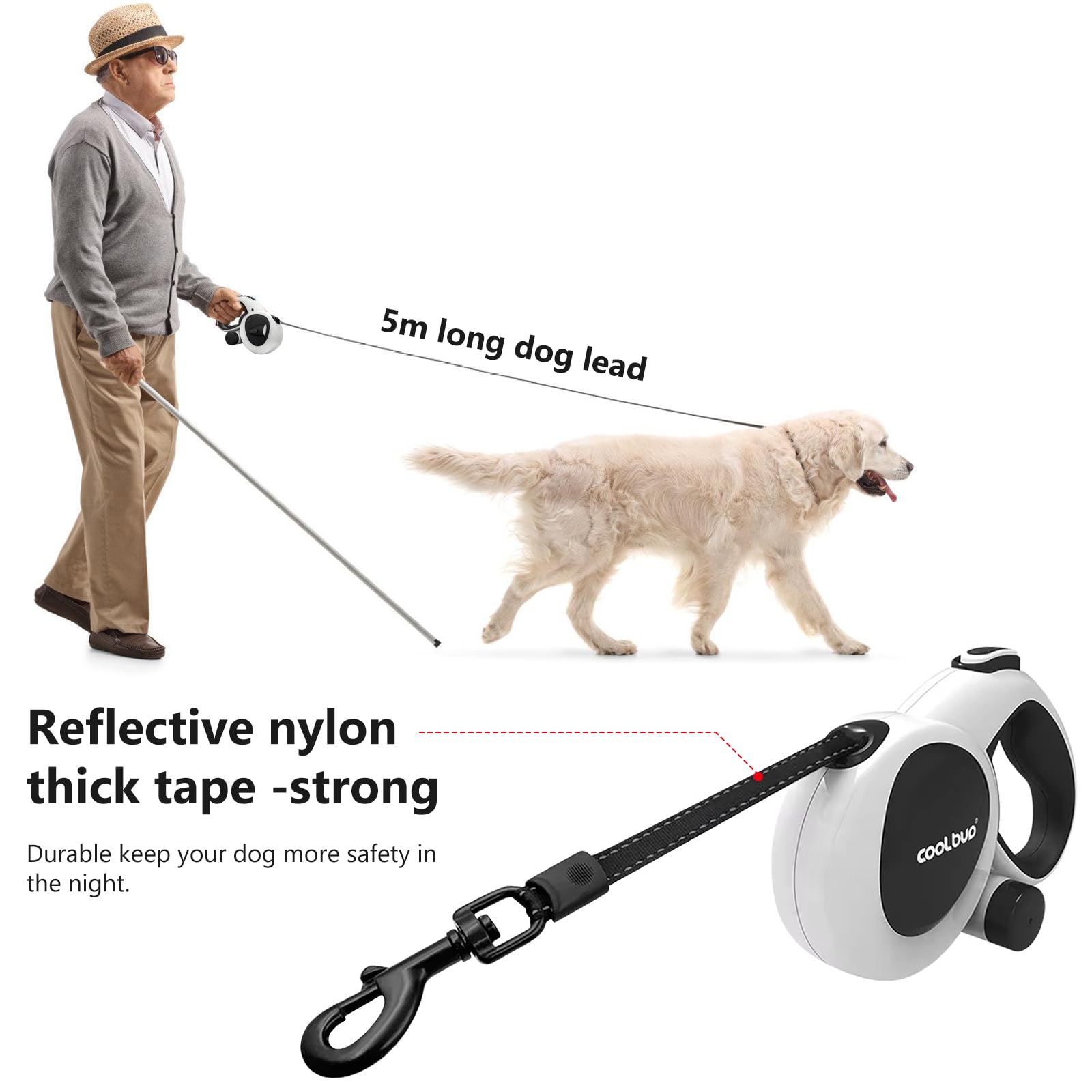 Guinzaglio retrattile per cani, 5 m, con luce a LED, senza grovigli, impugnatura antiscivolo, per cani di piccola e media taglia