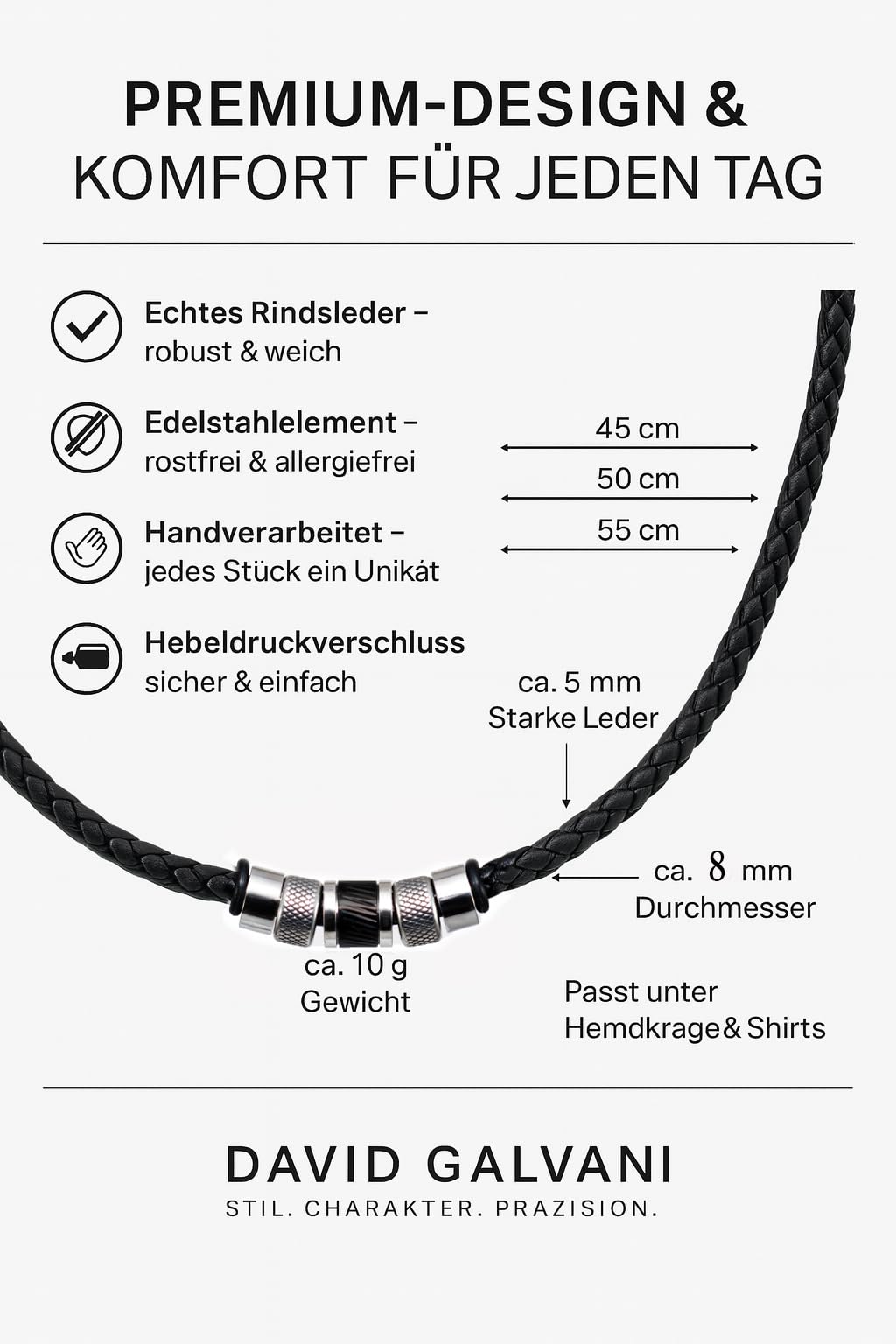 Lederkette Herren aus Rindsleder mit Edelstahl-Beads | Schwarzes 5-mm-Rindsleder mit Edelstahl-Beads, Hebeldruckverschluss und Geschenkbox. In 45, 50 und 55 cm erhältlich.
