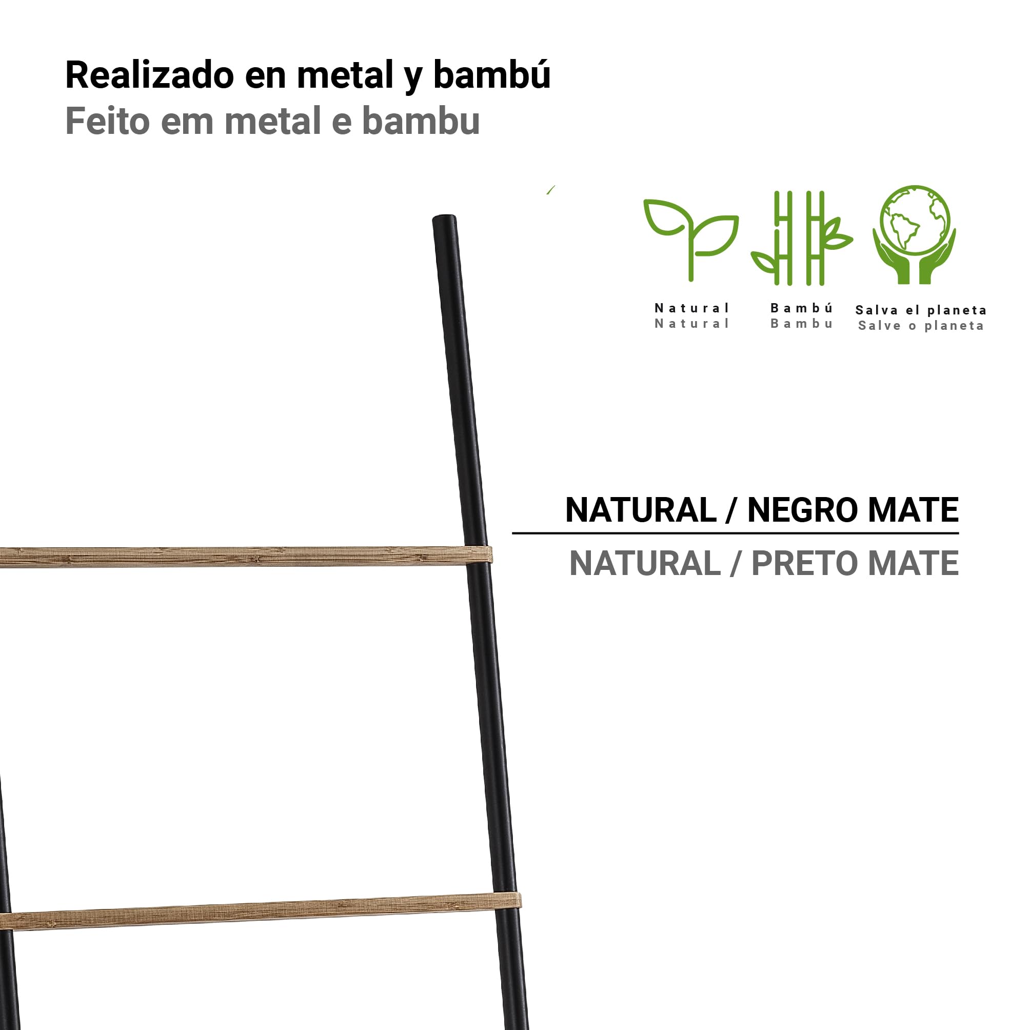 Toallero de Pie Tipo Escalera KENTA Gedy, Negro Mate y Bambú Natural, 45x2,1x161 cm, Fabricado en Metal y Bambú, Diseño Moderno sin Instalación