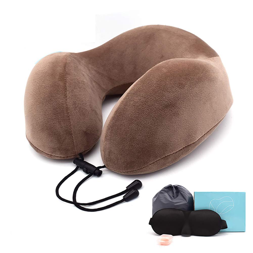 Travel Pillow, 0 Pressure Memory Foam Neck Pillow for Head and Neck, Comfortable Breathable Cover Machine Washable, Airplane Travel Kit with 3D Sleep Mask, Earplugs and Luxury Bag,Brown