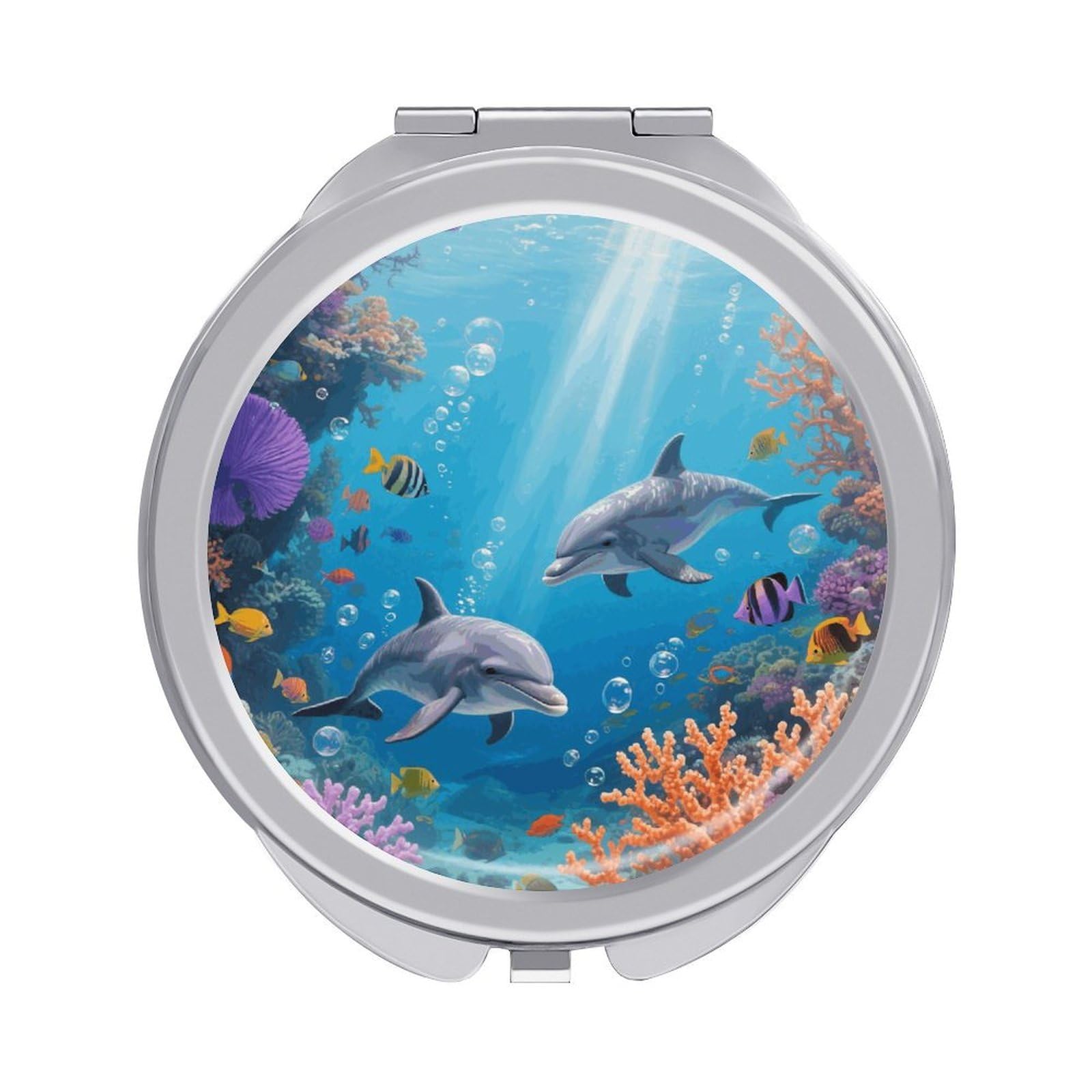 FodPand Compact Hand Mirror with 1x/2x Magnifying Round Travel Makeup Mirror Mini Foldable Dolphin Cosmetic Mirrors Travel Essentials Gift for Women Girl Portable for Pocket Purse -Silver