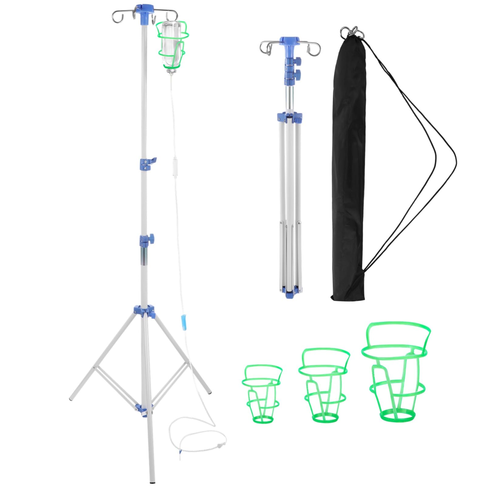 Verstellbarer Infusionsständer, tragbarer Infusionsständer für unterwegs und zu Hause, faltbarer Infusionsständer mit 4 Haken, Edelstahl-Infusionshalter mit 3 Infusionsnetzen, 77–192cm (weiß)