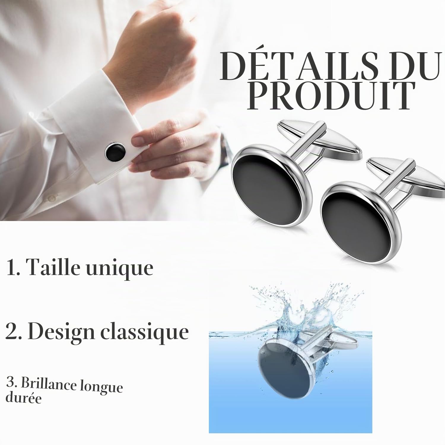 Boutons de Manchette Classiques pour Homme - Père de la Mariée, Mari, Petit Ami (Noir + Argent)