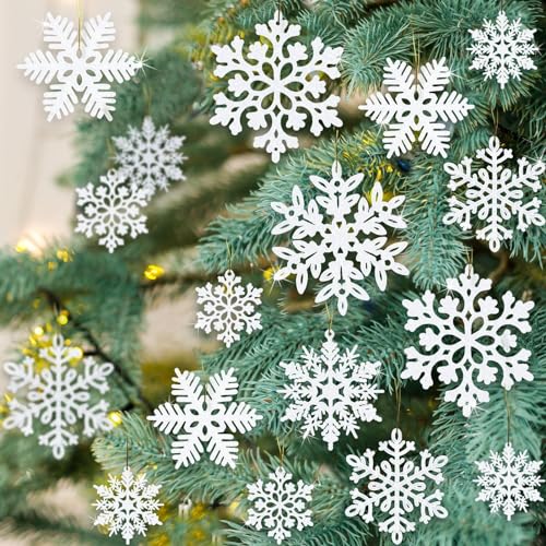 Image of kockuu 49Pcs Christmas Ornaments Snowflake Decorations - White Glitter Christmas Ornaments Hanging Snowflakes for Winter Christmas Tree Wall Ceiling Window Ornaments