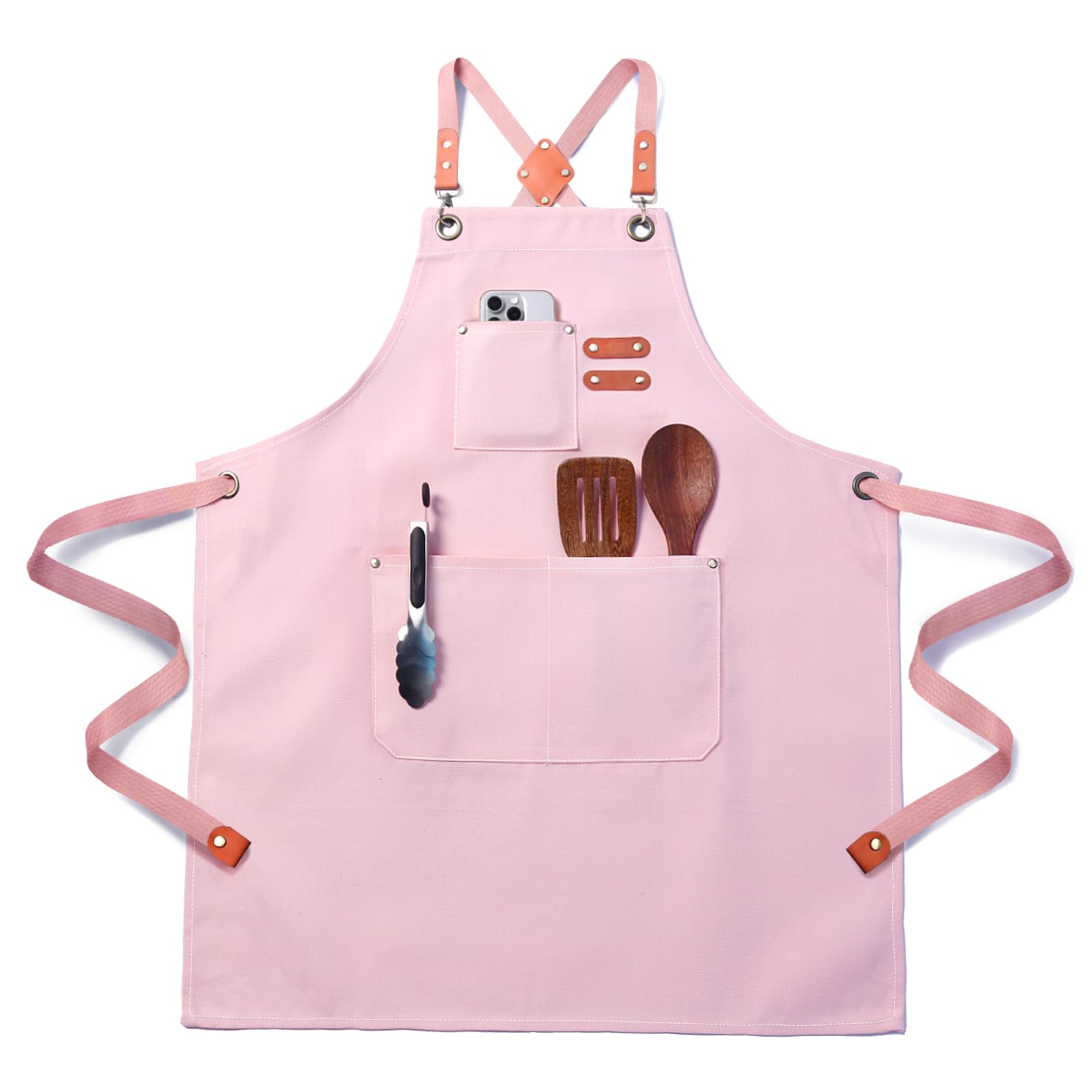 FortuWrap Chef Apron for Men Women with Pockets,Cross Back Cotton Canvas Plus Size Apron for Cooking BBQ Baking Gardening(Pink)