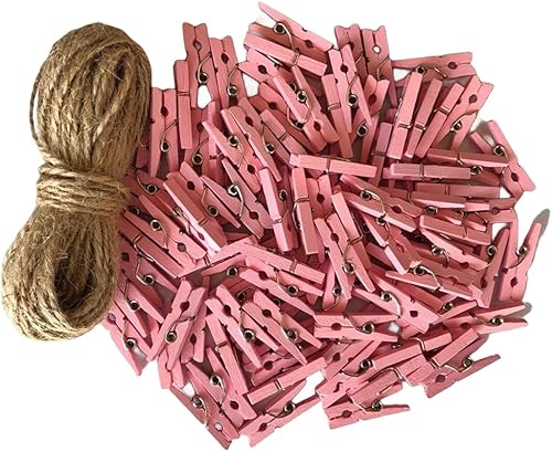Alfileres de ropa en miniatura para manualidades, adornos de decoración de Navidad, clips pequeños con cordel de yute rosa, paquete de 100 unidades
