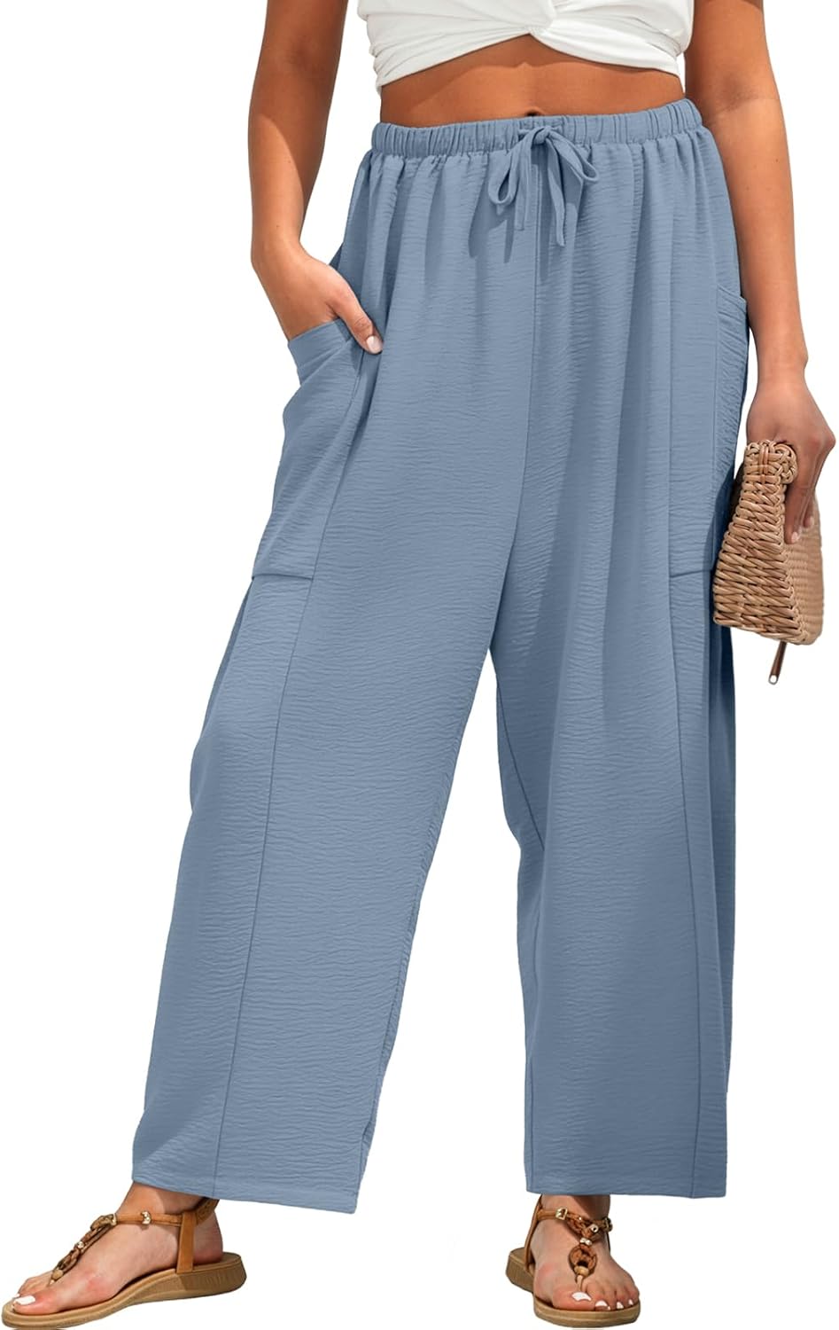 FREEOAK Womens Wide Leg Pants Casual Loose Palazzo Pants Summer Beach Travel Vacation Harem Pants with Pockets