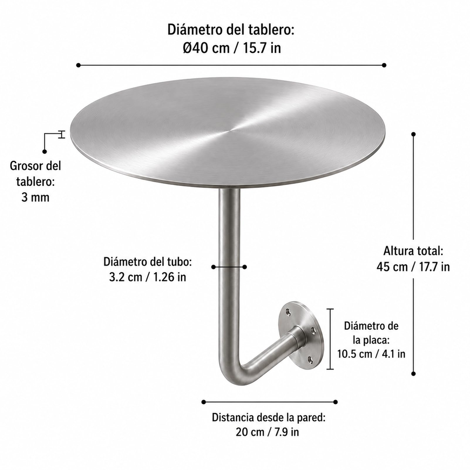 Mesa Auxiliar de Pared Redonda de Acero Inoxidable, Ø40 cm, Mesa Mural Flotante con Tablero de 3 mm, Soporte Estable hasta 25 kg, mesita compacta para Dormitorio, cafetería, Gimnasio y Sala de Espera