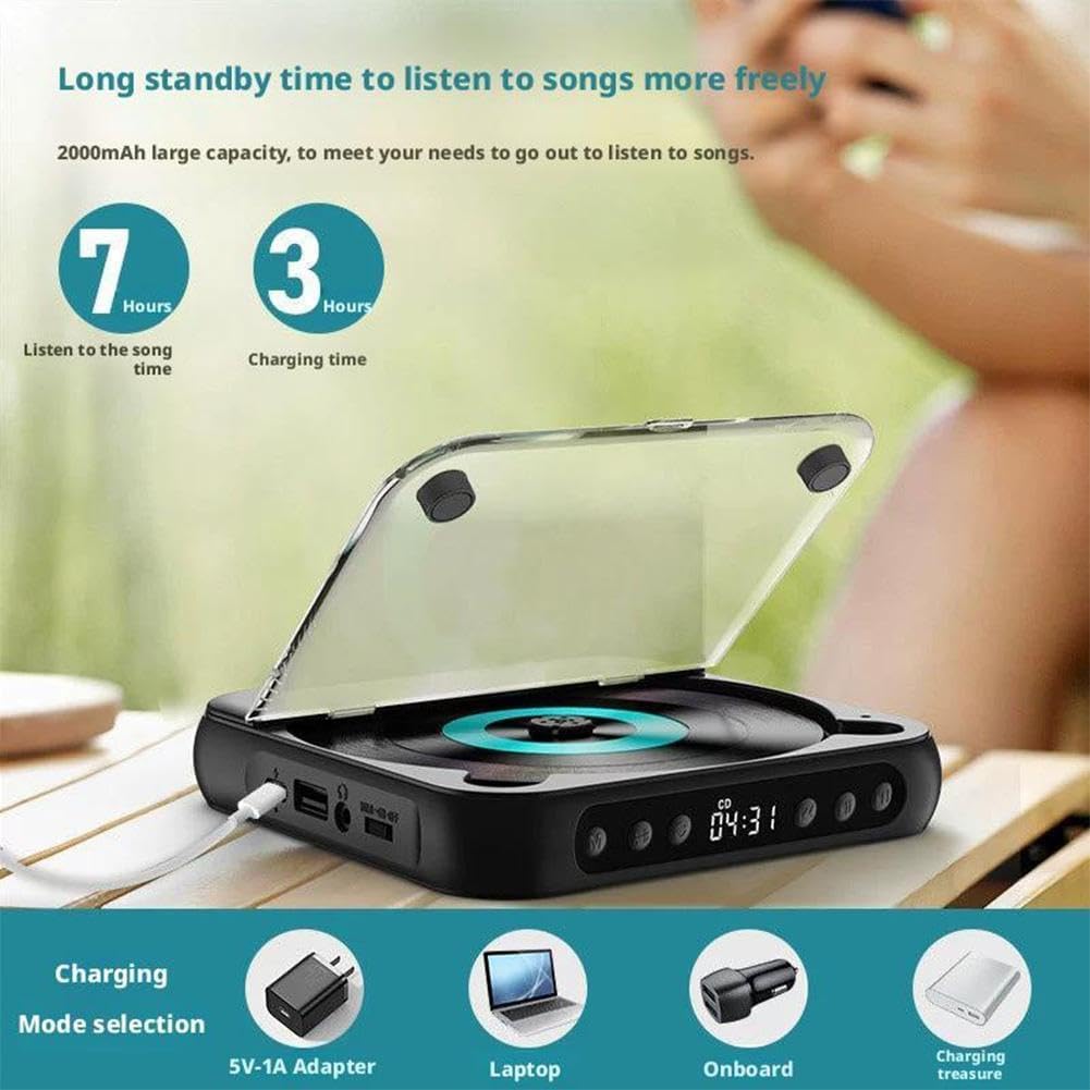 Reproductor De CD Portátil Bluetooth: Sonido De Alta Fidelidad, Recargable, Reproducción Inalámbrica/con Cable, Compatible con CD/CD-RW/mp3, Compacto Y Green 135x135x25mm