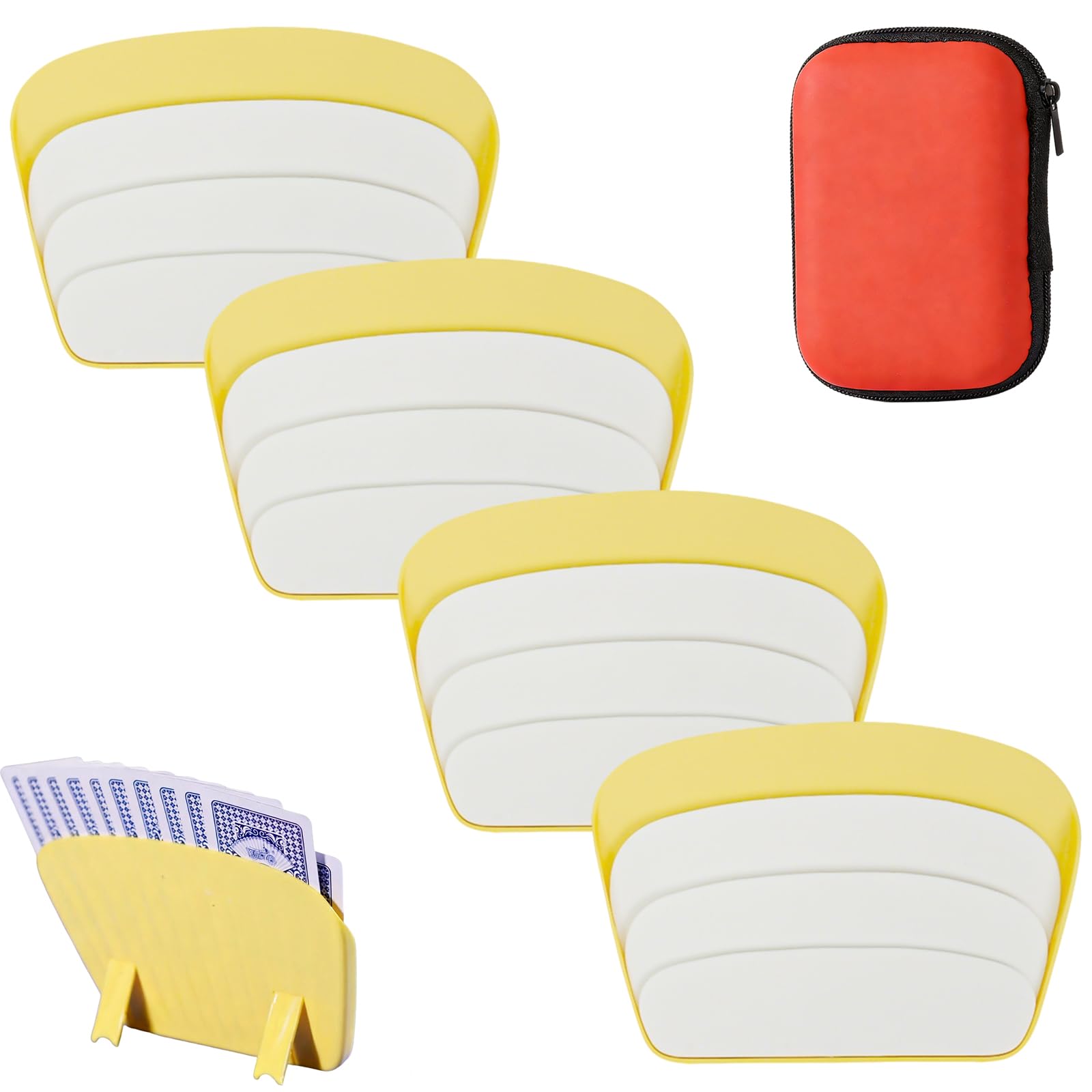 Vrexziy Playing Card Holder, 5Pcs Plastic Standing Fan Shaped Playing Card Holder, 3 Layers Design Cards Game Holders Playing Cards Storage Set for Kids Adults (Yellow)