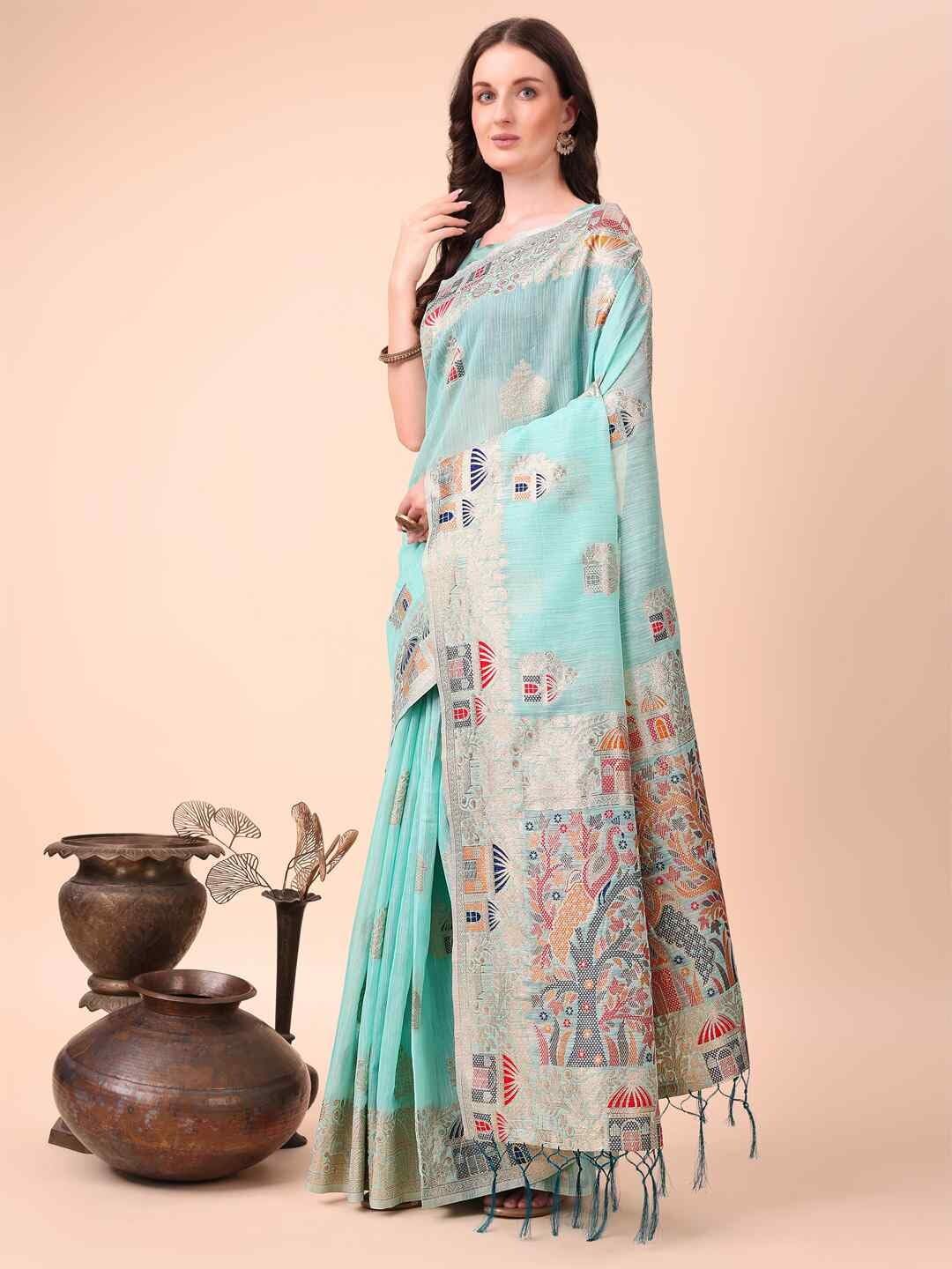 Shiv Textiles Women's Linen Cotton Zari Work Saree(AUS-ASLIN1004-SKY BLUE) 1