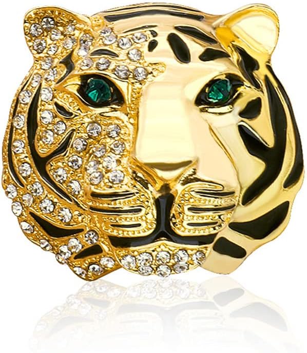 Rhinestone Tiger Head Brooch Pins.Gold Silver Animal Lapel Pin,Charm Lion Coat Collar Brooch for Men Suit Pin