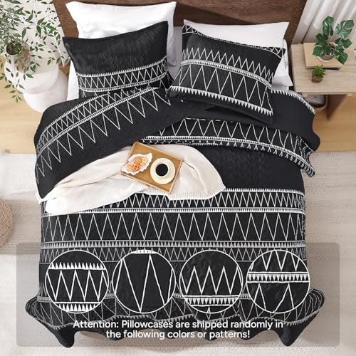 Image of Andency Black King Size Quilt Set, 3 Pieces Boho Lightweight Soft Striped Bedspread for All Season (106 inchx96 inch), Printed Bohemian Polyester Reversible Coverlet Comforter Sets