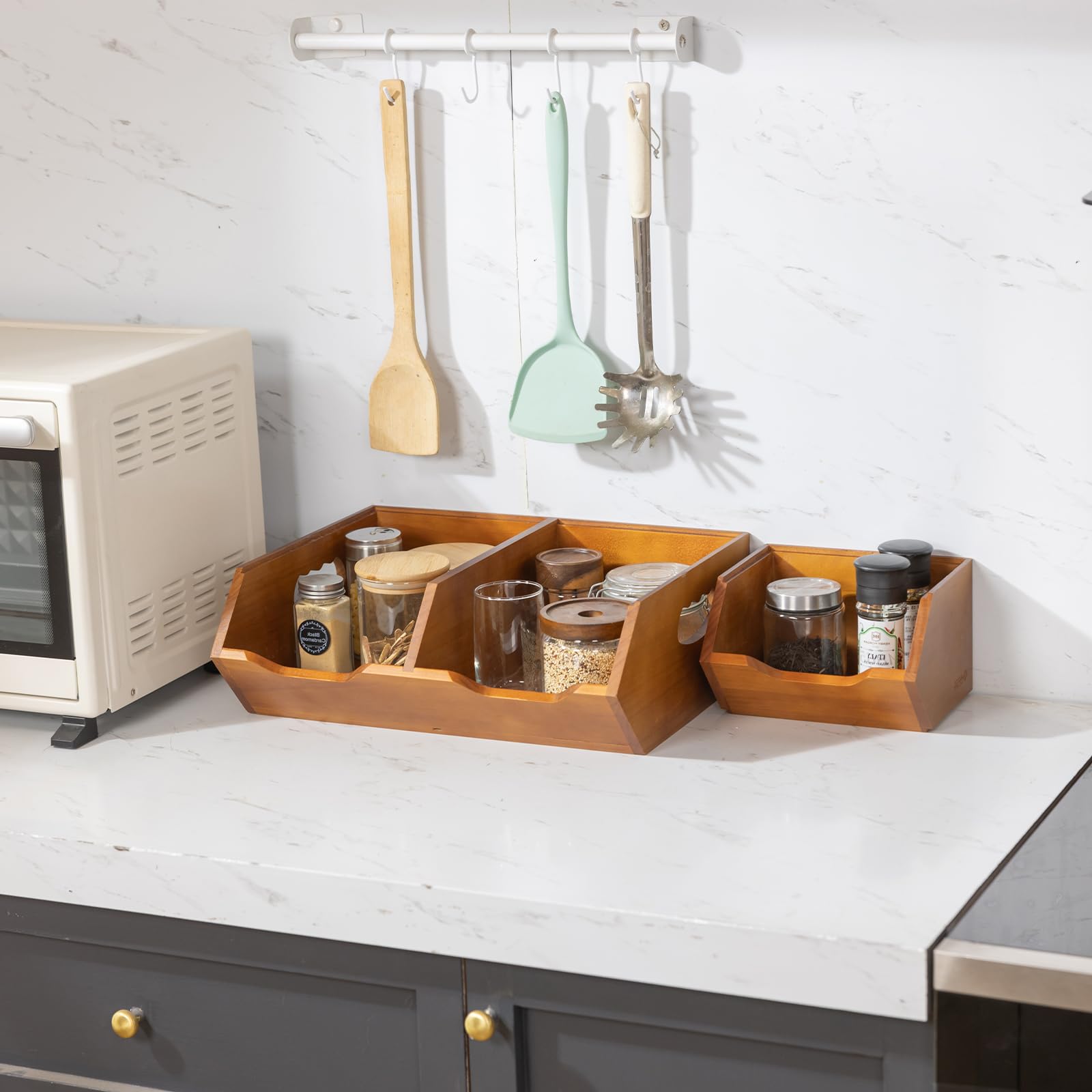 Aquzee Porta Patate, Porta Patate Cipolle Aglio, Set Di 3 Contenitori Impilabili A 2 Strati, Per Cipolle Separabili, Contenitori Cucina Organizer, Porta Pane Da Cucina, In Legno Per Frutta E Verdura