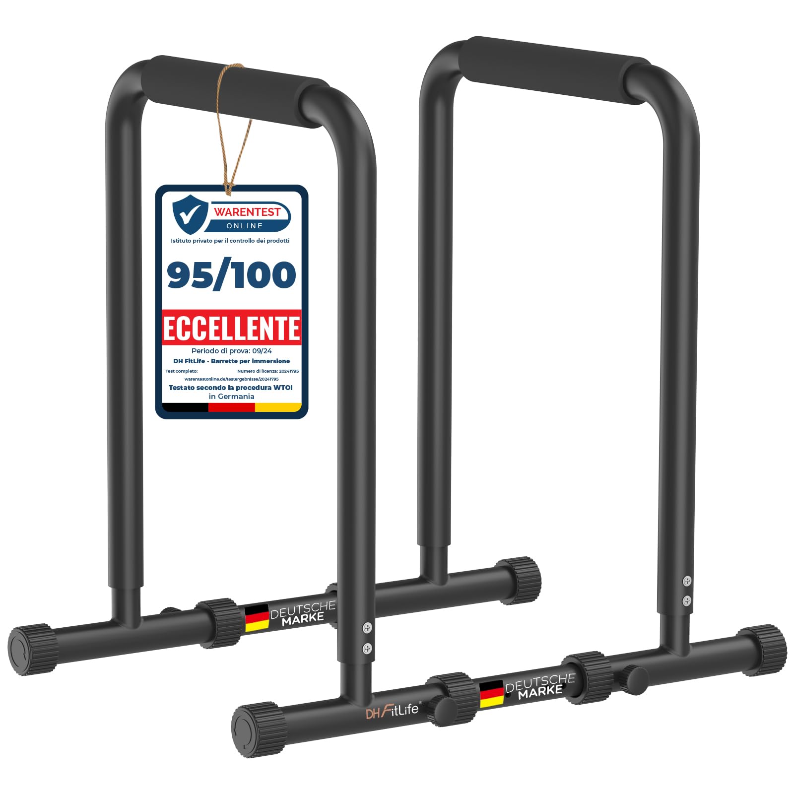 DH FitLife - Dip Parallele Calisthenics Robuste, Stabili e Versatili per Allenamento a Casa | Dip Station Regolabile in Tre Altezze (80/90/100 cm), Ideale per Parallele Dip, Push Up e Sviluppo Forza