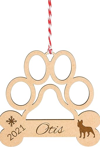 Personalized Paw Print Dog Ornament Custom Dog Bone Holiday Keepsake with Name, Year & Silhouette Christmas Tree Decoration for Pet Lovers