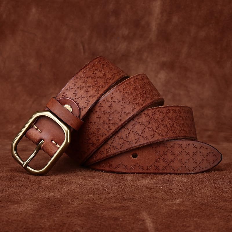 Vintage Western Leather Embossed Belt for Men Women Textured Engraved Floral Strap, Solid Brass Buckle for Casual Wear(125cm/49, Brown)2