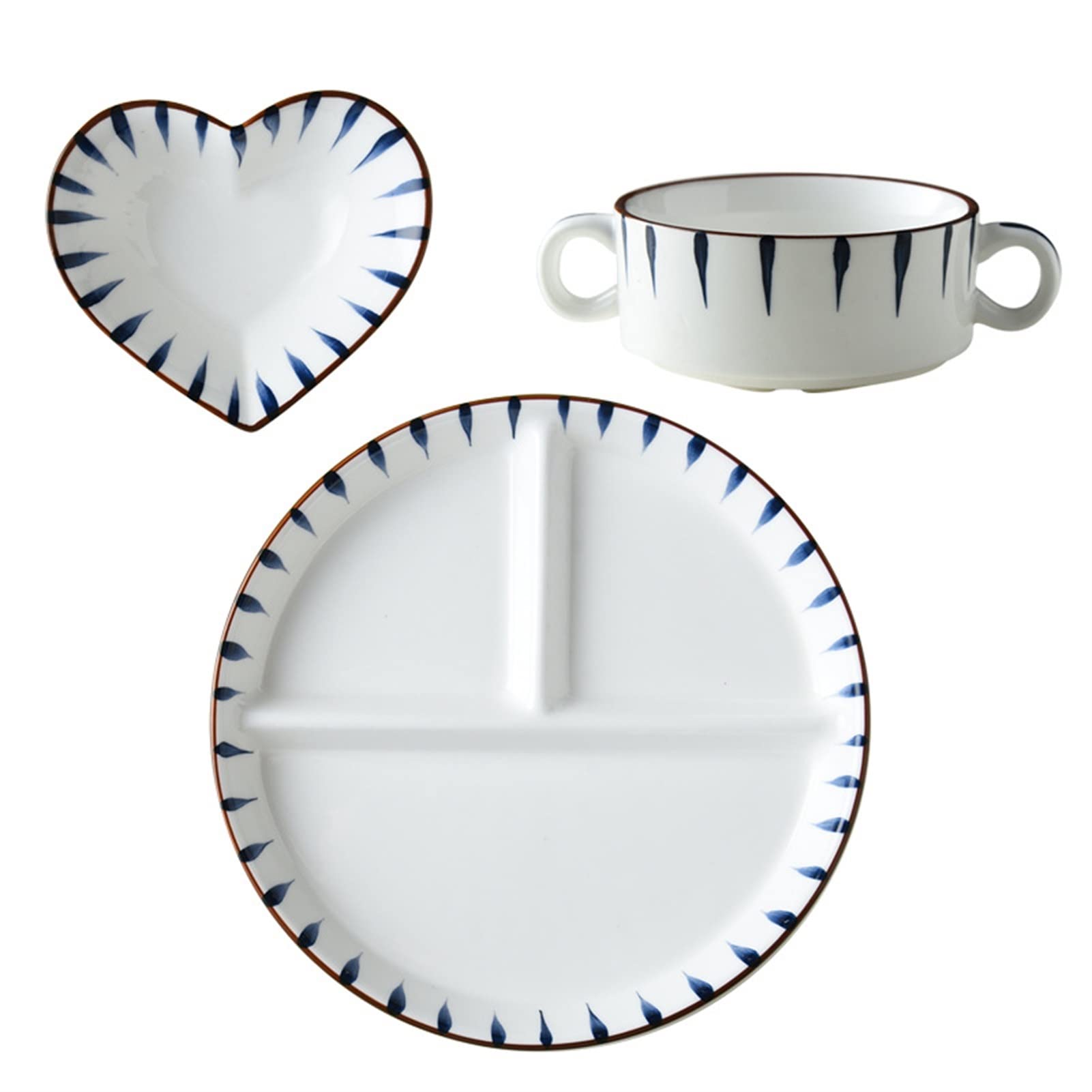 Ceramics Dinnerware Set, 8" Divided Plates for Adults Portion Control Plate/ 4" Soup Bowls with Handles /4" Heart Shaped Deep Salad Bowls (Color : 3Pcs)