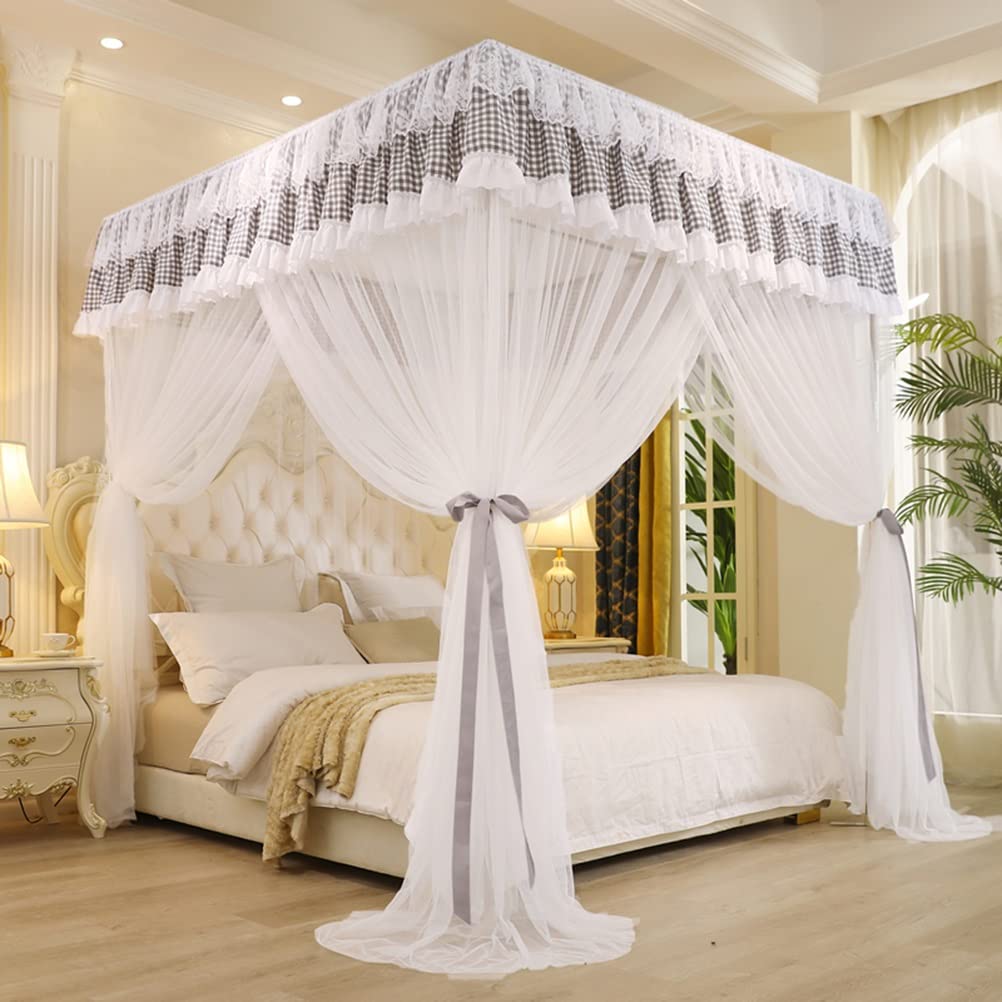 OKUOKA Zanzariera a baldacchino per Letto Europeo per Ragazze Adulte, Camera da Letto Romantica in Pizzo per Camera da Letto con Supporto in Metallo (Color : Gray-B, Size : 180X220X210CM)