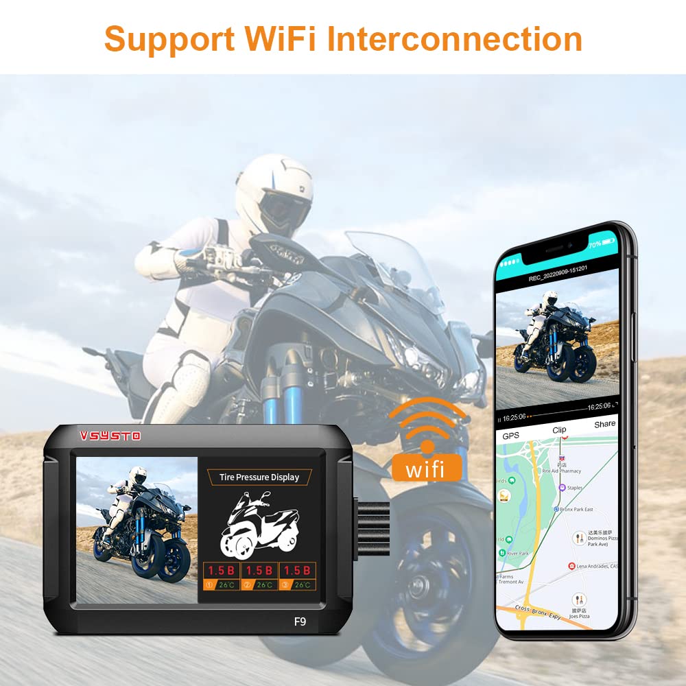 VSYSTO Enregistreur de Moto avec Trois Capteurs de Pression des Pneus Double Caméra Avant et Arrière 1080P Écran de 4,0 Pouces Wi-FI GPS WDR Étanche (6 Couches de Verre + 150° Grand Angle)