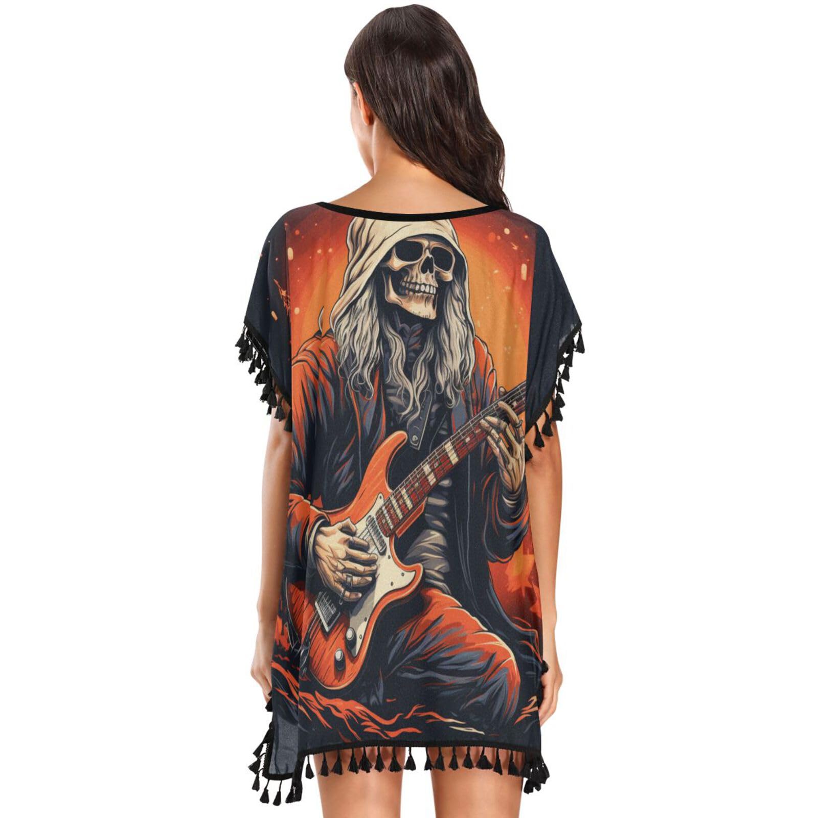 Christmas Skull Red Guitar Women's Beach Cover Up Chiffon Tassel Swimwear Swimsuit Coverups for Girl