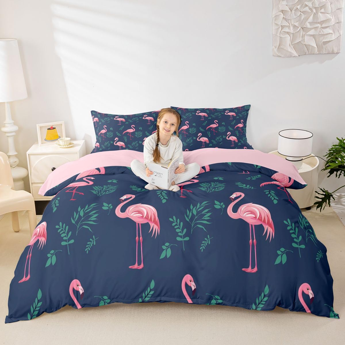 Erosebridal Flamingo Bedding Set Full Size Blue Duvet Cover Set 3D Animal Theme Comforter Cover for Adult Teen Bed Cover Bohemia Simple Style