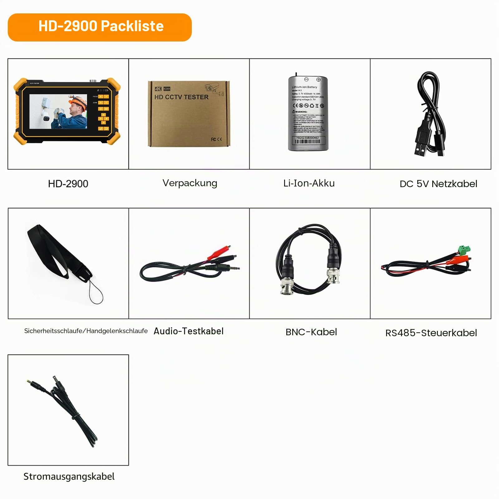 CCTV-Tester-Monitor HD-2900, 4,3-Zoll-TFT-LCD-Bildschirm, 4K, 8 MP, CVI, TVI, AHD, CVBS, analoges Video, Auto-HD-Koaxialkameratester, eingebauter 4000-mAh-Akku, DC12V-Ausgangsleistung