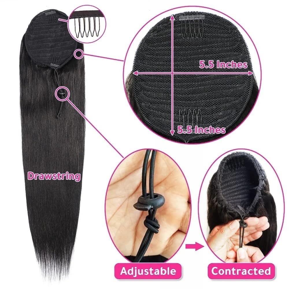 Ponytail Extensión de cola de caballo con cordón, largo, liso, sintético natural, para mujeres, color marrón oscuro, 25,4 – 66 cm