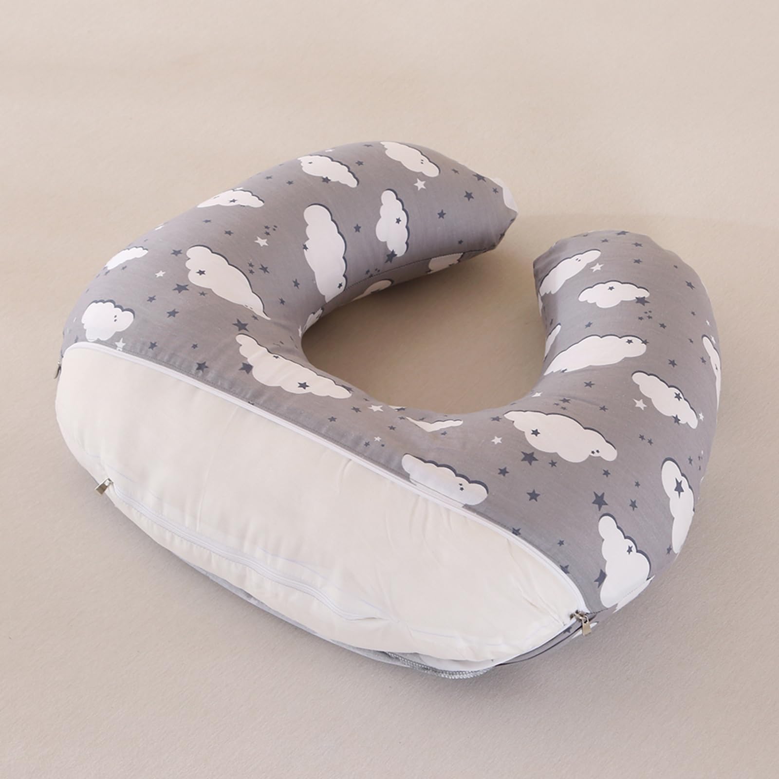 SHANNA Coussin d'allaitement en Coton, Coussin de Grossesse Multifonctionnel pour Maman et Bébé, Remplissage en Fibres, Soutien Ergonomique (Motif 2 Nuages et Étoiles)