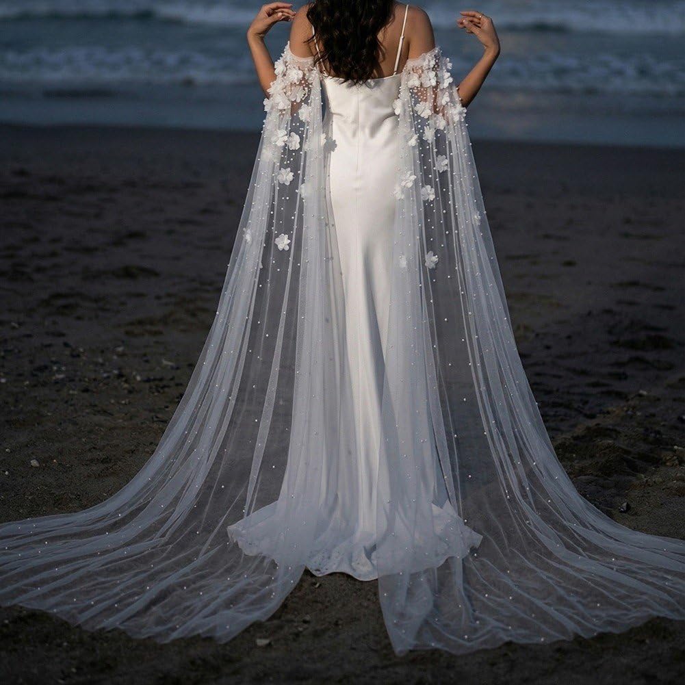 Châle De Mariage Long en Tulle À Fleurs 3D, Drapé sur Les Épaules, pour Mariée, Les Demoiselles d'honneur Les Invités. Costume De Soirée pour Mariage.