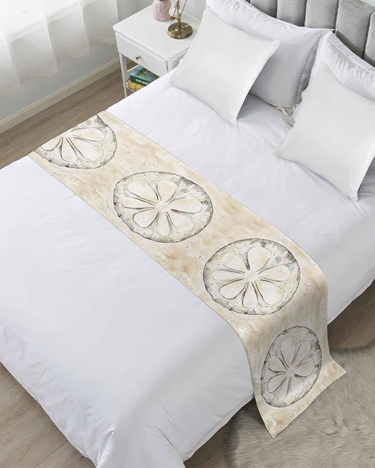 Bed Runner Scarf King Size, Sand Dollar Coastal Stain Bed Runners & Scarves for Foot of Beds, Summer Beach Beige Sea Decorative Bedding Runner Scarf for Hotel Home Bedroom 94 x20 Inch