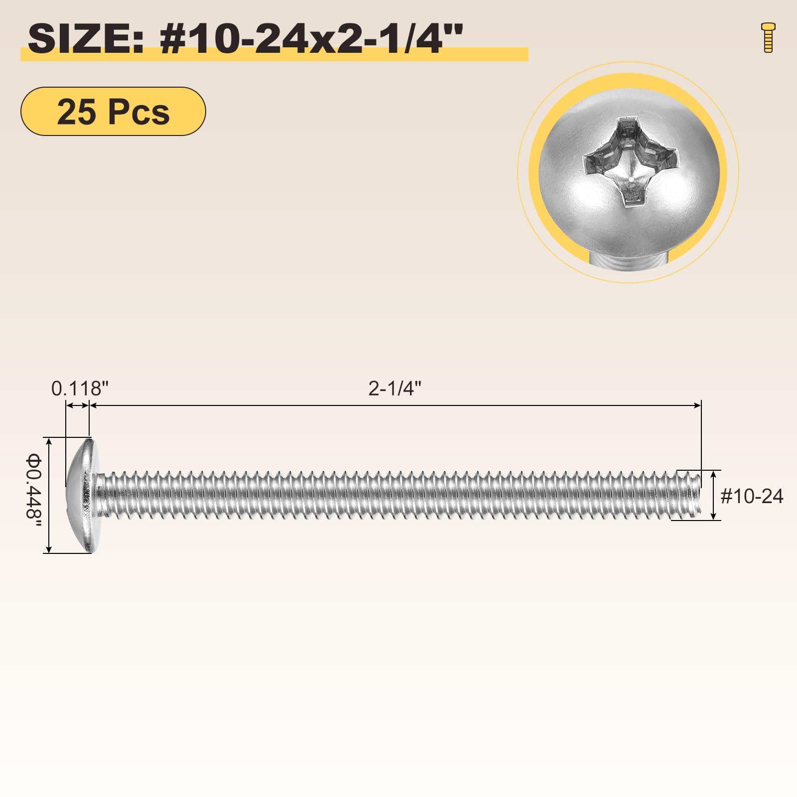 METALLIXITY Machine Screws Phillips Head(#10-24x2-1/4") 25Pcs, 304 Stainless Steel Round Head Phillips Drive Furniture Bolts - Image 2